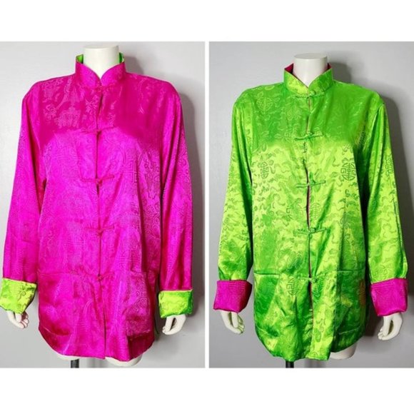 Vintage Jackets & Blazers - Vintage Asian Jacket, 90s Reversible Jacket, Pink and Green, Size XL